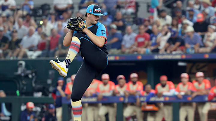Jul 16, 2024; Arlington, Texas, USA; National League pitcher Paul Skenes of the Pittsburgh Pirates (30) pitches against the American League in the first inning during the 2024 MLB All-Star game at Globe Life Field. Mandatory Credit: Kevin Jairaj-USA TODAY Sports