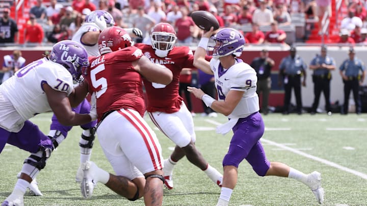 Sep 2, 2023; Little Rock, Arkansas, USA; Western Carolina Catamounts quarterback Cole Gonzales (9) passes in the first quarter against the Arkansas Razorbacks at War Memorial Stadium. Mandatory Credit: Nelson Chenault-Imagn Images Sep 2, 2023; Little Rock, Arkansas, USA; Western Carolina Catamounts quarterback Cole Gonzales (9) passes in the first quarter against the Arkansas Razorbacks at War Memorial Stadium. Mandatory Credit: Nelson Chenault-Imagn Images
