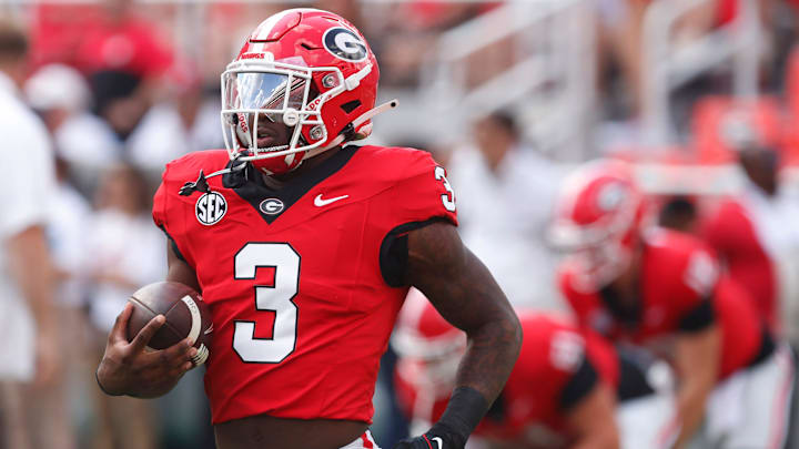 Georgia running back Nate Frazier (3) warms up before the start of a NCAA college football game against Auburn in Athens, Ga., on Saturday, Oct. 5, 2024. Georgia running back Nate Frazier (3) warms up before the start of a NCAA college football game against Auburn in Athens, Ga., on Saturday, Oct. 5, 2024.