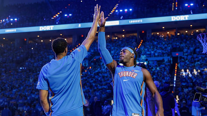Apr 19, 2026; Oklahoma City, Oklahoma, USA; Oklahoma City Thunder guard Luguentz Dort (5) during team introductions before game one of the first round of the 2026 NBA Playoffs at Paycom Center. Mandatory Credit: Alonzo Adams-Imagn Images