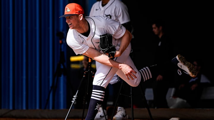 Detroit Tigers pitcher Troy Melton practices during spring training at TigerTown in Lakeland, Fla. on Tuesday, Feb. 17, 2026.