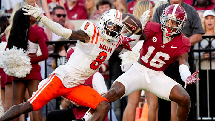 Nov 16, 2024; Tuscaloosa, AL, USA; Mercer cornerback TJ Moore (8) defends as a pass intended for Alabama Crimson Tide wide receiver Jaren Hamilton (16) falls incomplete at Bryant-Denny Stadium. Alabama defeated Mercer 52-7. Mandatory Credit: Gary Cosby Jr.-Tuscaloosa News