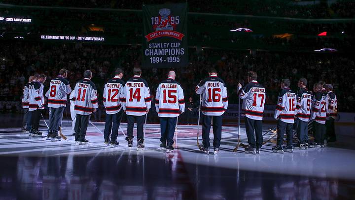 The 1995 New Jersey Devils Stanley Cup championship team is honored before the game between the New Jersey Devils and the Philadelphia Flyers at Prudential Center. Mandatory Credit: Ed Mulholland-Imagn Images The 1995 New Jersey Devils Stanley Cup championship team is honored before the game between the New Jersey Devils and the Philadelphia Flyers at Prudential Center. Mandatory Credit: Ed Mulholland-Imagn Images