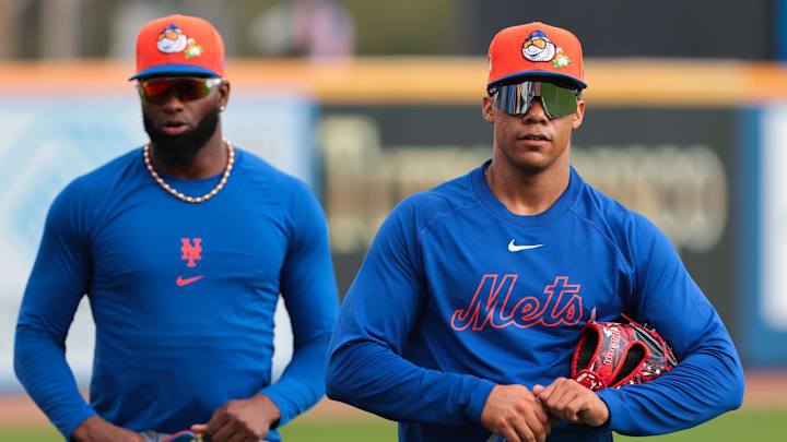 Feb 17, 2026; Port St. Lucie, FL, USA; New York Mets outfielder Juan Soto (22) looks on during spring training at Clover Park. Feb 17, 2026; Port St. Lucie, FL, USA; New York Mets outfielder Juan Soto (22) looks on during spring training at Clover Park.
