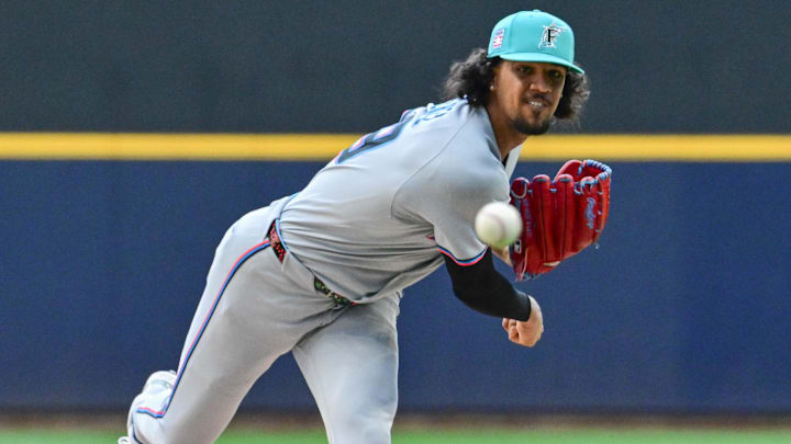 Jul 27, 2025; Milwaukee, Wisconsin, USA; Miami Marlins starting pitcher Eury Perez (39) throws a pitch in the first inning against the Milwaukee Brewers at American Family Field. Mandatory Credit: Benny Sieu-Imagn Images Jul 27, 2025; Milwaukee, Wisconsin, USA; Miami Marlins starting pitcher Eury Perez (39) throws a pitch in the first inning against the Milwaukee Brewers at American Family Field. Mandatory Credit: Benny Sieu-Imagn Images