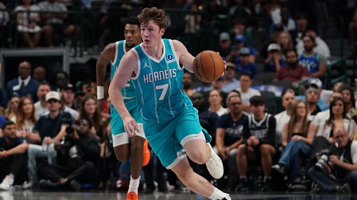 Oct 11, 2025; Dallas, Texas, USA; Charlotte Hornets guard/forward Kon Knueppel (7) dribbles up court against the Dallas Mavericks in the first half of a game at American Airlines Center. Mandatory Credit: Raymond Carlin III-Imagn Images