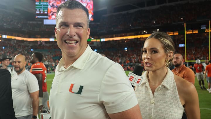Aug 31, 2025; Miami Gardens, Florida, USA; Miami Hurricanes head coach Mario Cristobal reacts after defeating the Notre Dame Fighting Irish at Hard Rock Stadium. Mandatory Credit: Sam Navarro-Imagn Images Aug 31, 2025; Miami Gardens, Florida, USA; Miami Hurricanes head coach Mario Cristobal reacts after defeating the Notre Dame Fighting Irish at Hard Rock Stadium. Mandatory Credit: Sam Navarro-Imagn Images