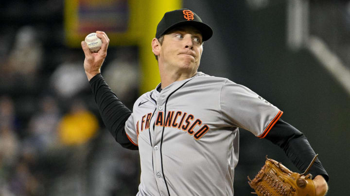 Jun 8, 2024; Arlington, Texas, USA; San Francisco Giants starting pitcher Spencer Howard (56) pitches against the Texas Rangers during the first inning at Globe Life Field. Jun 8, 2024; Arlington, Texas, USA; San Francisco Giants starting pitcher Spencer Howard (56) pitches against the Texas Rangers during the first inning at Globe Life Field.