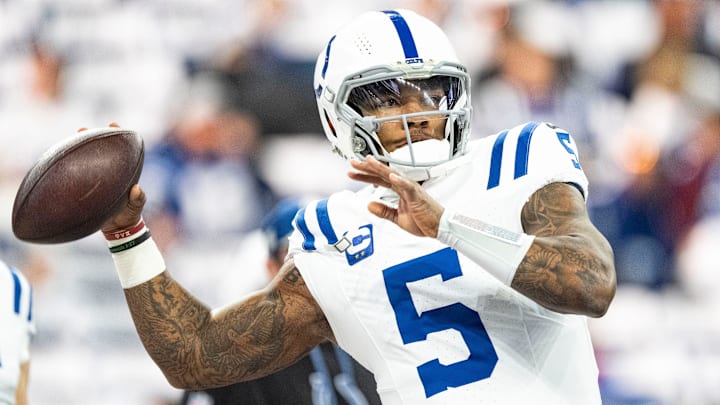 Indianapolis Colts quarterback Anthony Richardson (5) throws the ball during warm-up Sunday, Dec. 22, 2024, ahead of a game against the Tennessee Titans at Lucas Oil Stadium in Indianapolis.