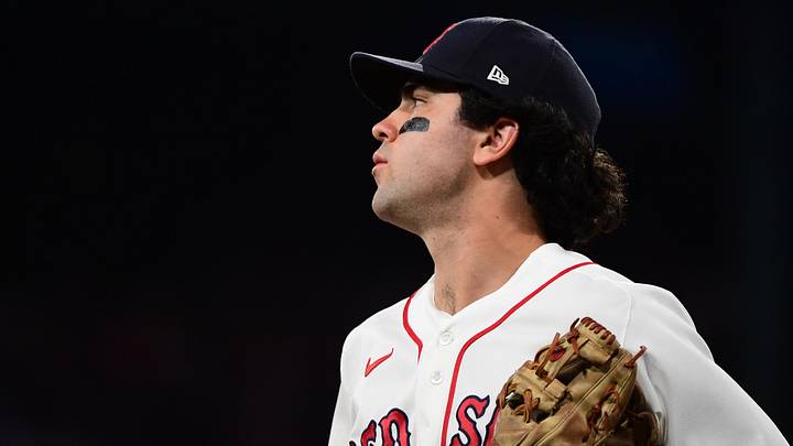 Jun 14, 2026; Boston, Massachusetts, USA;  Boston Red Sox shortstop Marcelo Mayer (11) reacts after a wild throw during the fourth inning against the Texas Rangers at Fenway Park. Mandatory Credit: Bob DeChiara-Imagn Images