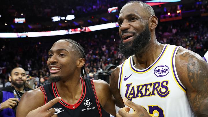 Dec 7, 2025; Philadelphia, Pennsylvania, USA; Los Angeles Lakers forward Lebron James (23) and Philadelphia 76ers guard Tyrese Maxey after the game at Xfinity Mobile Arena. Mandatory Credit: Bill Streicher-Imagn Images Dec 7, 2025; Philadelphia, Pennsylvania, USA; Los Angeles Lakers forward Lebron James (23) and Philadelphia 76ers guard Tyrese Maxey after the game at Xfinity Mobile Arena. Mandatory Credit: Bill Streicher-Imagn Images