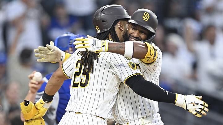 May 19, 2026; San Diego, California, USA; San Diego Padres designated hitter Miguel Andujar (41) is congratulated by second baseman Fernando Tatis Jr. (23) after hitting a two-run home run during the third inning against the Los Angeles Dodgers at Petco Park. Mandatory Credit: Denis Poroy-Imagn Images May 19, 2026; San Diego, California, USA; San Diego Padres designated hitter Miguel Andujar (41) is congratulated by second baseman Fernando Tatis Jr. (23) after hitting a two-run home run during the third inning against the Los Angeles Dodgers at Petco Park. Mandatory Credit: Denis Poroy-Imagn Images