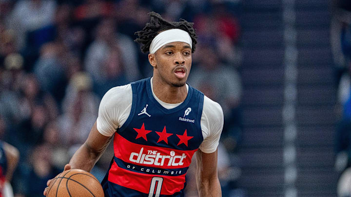 Mar 27, 2026; San Francisco, California, USA; Washington Wizards guard Bilal Coulibaly (0) dribbles against the Golden State Warriors during the first quarter at Chase Center. Mandatory Credit: Neville E. Guard-Imagn Images