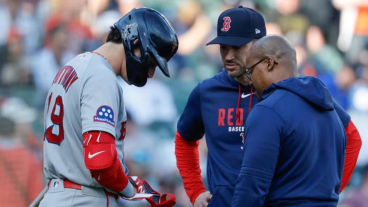 May 4, 2026; Detroit, Michigan, USA;  Boston Red Sox left fielder Roman Anthony (19) is checked on by interim manager Chad Tracy (17) and the trainer in the first inning against the Detroit Tigers at Comerica Park. Mandatory Credit: Rick Osentoski-Imagn Images