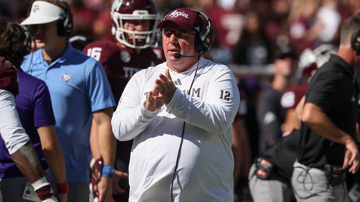 Nov 15, 2025; College Station, Texas, USA; Texas A&M Aggies head coach Mike Elko reacts during the second quarter against the South Carolina Gamecocks at Kyle Field. Mandatory Credit: Troy Taormina-Imagn Images