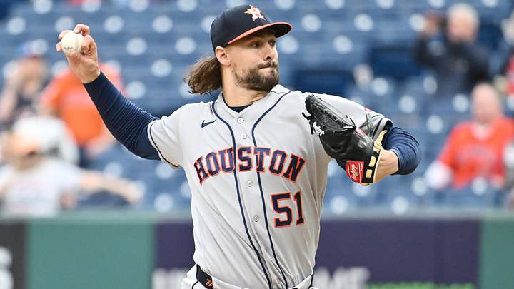 Apr 21, 2026; Cleveland, Ohio, USA; Houston Astros relief pitcher Ryan Weiss (51) throws a pitch during the first inning against the Cleveland Guardians at Progressive Field. Mandatory Credit: Ken Blaze-Imagn Images