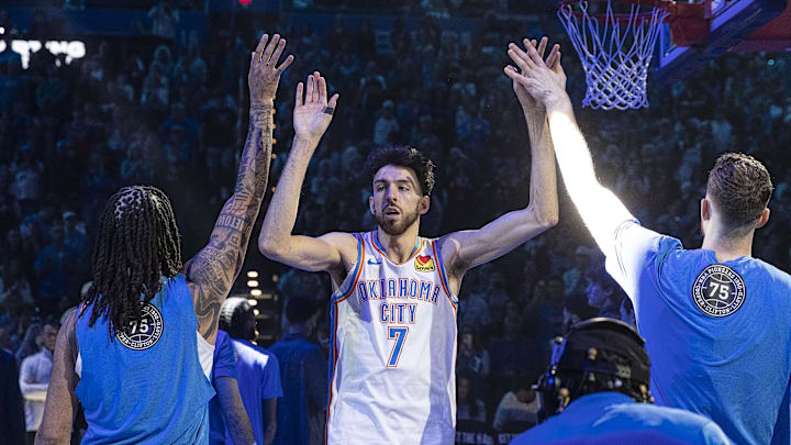 Feb 7, 2026; Oklahoma City, Oklahoma, USA; Oklahoma City Thunder center/forward Chet Holmgren (7) high fives his team before the start of a game against the Houston Rockets at Paycom Center. Mandatory Credit: Alonzo Adams-Imagn Images