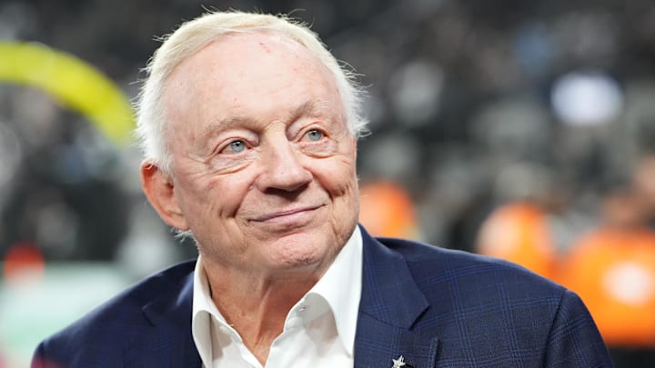 Dallas Cowboys owner Jerry Jones during warmups against the Las Vegas Raiders at Allegiant Stadium.