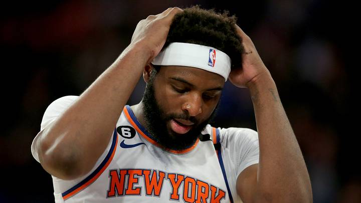 Apr 30, 2023; New York, New York, USA; New York Knicks center Mitchell Robinson (23) reacts during the second quarter of game one of the 2023 NBA Eastern Conference semifinal playoffs against the Miami Heat at Madison Square Garden. Mandatory Credit: Brad Penner-USA TODAY Sports
