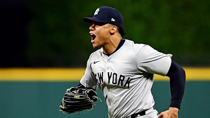 Oct 19, 2024; Cleveland, Ohio, USA; New York Yankees outfielder Juan Soto (22) celebrates after making the final out to beat the Cleveland Guardians during game five of the ALCS for the 2024 MLB playoffs at Progressive Field. Mandatory Credit: David Dermer-Imagn Images