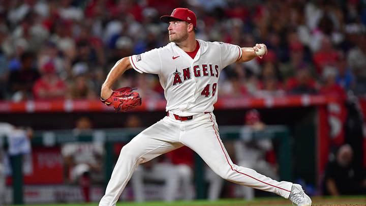 Aug 28, 2026; Anaheim, California, USA; Los Angeles Angels pitcher Reid Detmers (48) throws against the Philadelphia Phillies during the fifth inning at Angel Stadium. Mandatory Credit: Gary A. Vasquez-Imagn Images