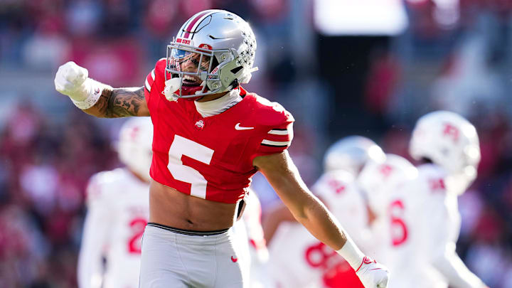 Ohio State Buckeyes cornerback Aaron Scott Jr. (5) celebrates during the second half of the NCAA football game against the Rutgers Scarlet Knights.