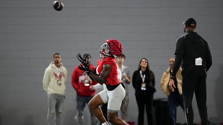 Ohio State Buckeyes wide receiver Jeremiah Smith (4) catches a ball during spring football practice at the Woody Hayes Athletic Center on March 17, 2025.