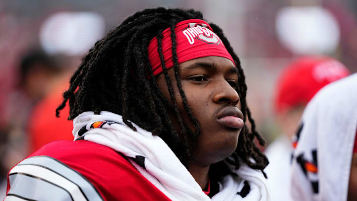 Wide receiver Jeremiah Smith (4) watches during the Ohio State football spring game at Ohio Stadium in Columbus on April 18, 2026.