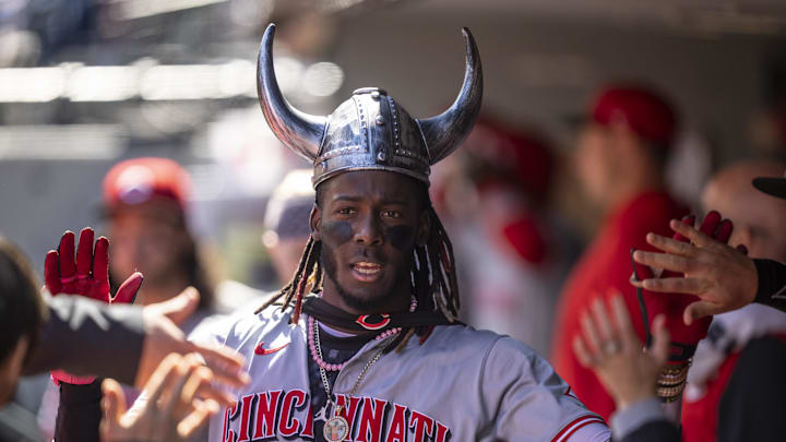 Apr 17, 2024; Seattle, Washington, USA; Cincinnati Reds shortstop Elly De La Cruz (44) celebrates in the dugout. Apr 17, 2024; Seattle, Washington, USA; Cincinnati Reds shortstop Elly De La Cruz (44) celebrates in the dugout.