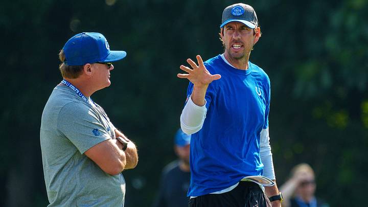 Indianapolis Colts head coach Shane Steichen speaks with General Manager Chris Ballard before the first day of training camp practice Wednesday, July 26, 2023, at Grand Park Sports Complex in Westfield, Indiana. Indianapolis Colts head coach Shane Steichen speaks with General Manager Chris Ballard before the first day of training camp practice Wednesday, July 26, 2023, at Grand Park Sports Complex in Westfield, Indiana.