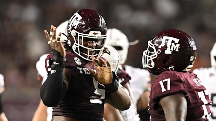Sep 21, 2024; College Station, Texas, USA; Texas A&M Aggies defensive lineman Shemar Turner (5) celebrates after sacking Bowling Green Falcons quarterback Baron May, not pictured, during the third quarter at Kyle Field. Mandatory Credit: Maria Lysaker-Imagn Images. Sep 21, 2024; College Station, Texas, USA; Texas A&M Aggies defensive lineman Shemar Turner (5) celebrates after sacking Bowling Green Falcons quarterback Baron May, not pictured, during the third quarter at Kyle Field. Mandatory Credit: Maria Lysaker-Imagn Images.