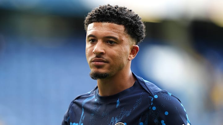 Jadon Sancho warming up ahead of Chelsea's Premier League clash with Brighton