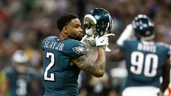 Feb 9, 2025; New Orleans, LA, USA; Philadelphia Eagles cornerback Darius Slay Jr. (2) against the Kansas City Chiefs during Super Bowl LIX at Ceasars Superdome. Mandatory Credit: Mark J. Rebilas-Imagn Images