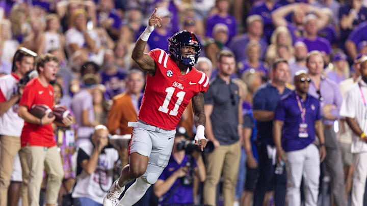 Oct 12, 2024; Baton Rouge, Louisiana, USA; Mississippi Rebels linebacker Chris Paul Jr. (11) reacts after an interception by defensive tackle Jamarious Brown (not pictured) against the LSU Tigers during the first half at Tiger Stadium. Mandatory Credit: Stephen Lew-Imagn Images Oct 12, 2024; Baton Rouge, Louisiana, USA; Mississippi Rebels linebacker Chris Paul Jr. (11) reacts after an interception by defensive tackle Jamarious Brown (not pictured) against the LSU Tigers during the first half at Tiger Stadium. Mandatory Credit: Stephen Lew-Imagn Images