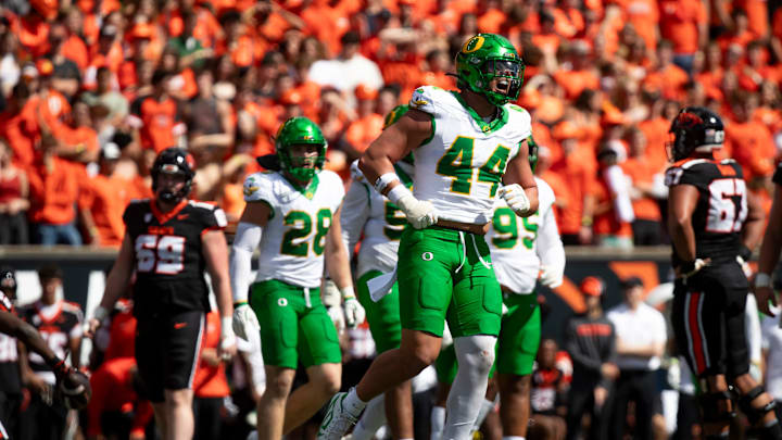 Oregon outside linebacker Teitum Tuioti celebrates a stop as the Oregon State Beavers host the Oregon Ducks Saturday, Sept. 14, 2024 at Reser Stadium in Corvallis, Ore.