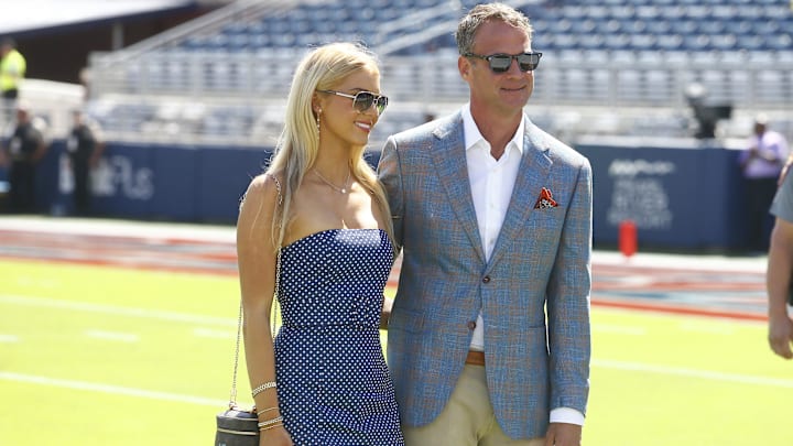 Sep 27, 2025; Oxford, Mississippi, USA; Mississippi Rebels head coach Lane Kiffin poses for a photo with his daughter Landry Kiffin prior to the game against the LSU Tigers at Vaught-Hemingway Stadium.