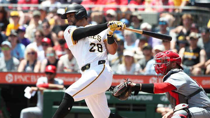 Jul 2, 2025; Pittsburgh, Pennsylvania, USA; Pittsburgh Pirates left fielder Tommy Pham (28) hits an RBI single against the St. Louis Cardinals during the second inning at PNC Park. Mandatory Credit: Charles LeClaire-Imagn Images Jul 2, 2025; Pittsburgh, Pennsylvania, USA; Pittsburgh Pirates left fielder Tommy Pham (28) hits an RBI single against the St. Louis Cardinals during the second inning at PNC Park. Mandatory Credit: Charles LeClaire-Imagn Images