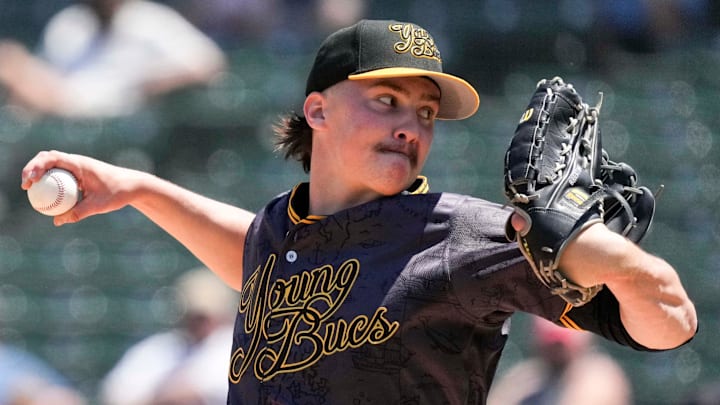 Indianapolis Indians starting pitcher Bubba Chandler (53) throws to Louisville Bats outfielder Blake Dunn (32) during the third inning of a game Sunday, May 18, 2025, at Victory Field in Indianapolis.