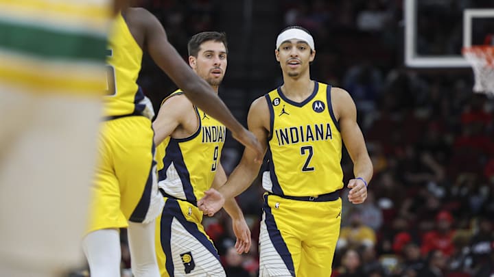 Nov 18, 2022; Houston, Texas, USA; Indiana Pacers guard Andrew Nembhard (2) reacts after scoring during the fourth quarter against the Houston Rockets at Toyota Center. Mandatory Credit: Troy Taormina-USA TODAY Sports