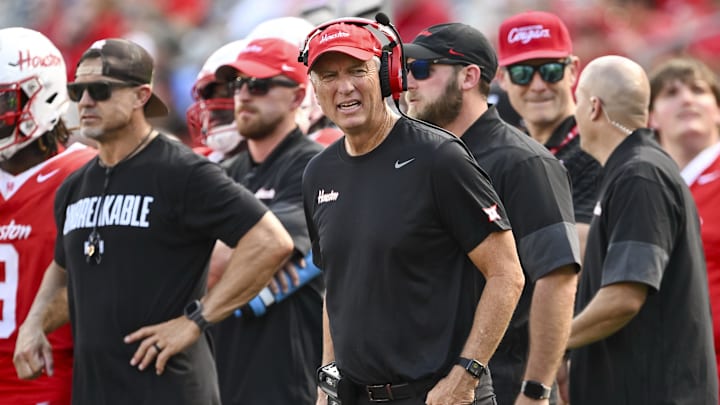 Oct 18, 2025; Houston, Texas, USA; Houston Cougars head coach Willie Fritz looks on during the third quarter against the Arizona Wildcats at TDECU Stadium. Mandatory Credit: Maria Lysaker-Imagn Images