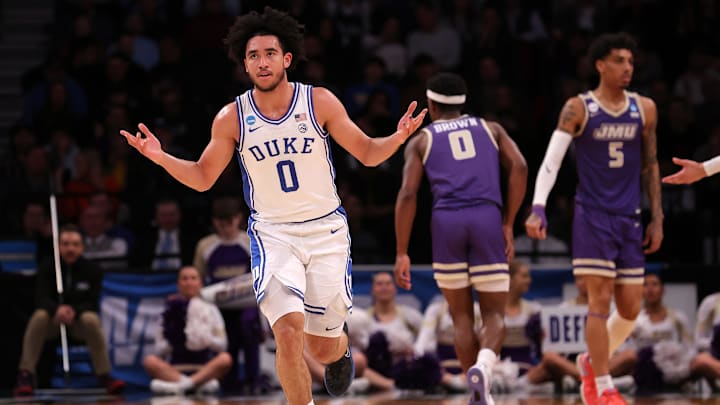 Mar 24, 2024; Brooklyn, NY, USA; Duke Blue Devils guard Jared McCain (0) reacts after a basket against the James Madison Dukes in the second round of the 2024 NCAA Tournament at Barclays Center. 