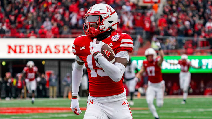 Oct 28, 2023; Lincoln, Nebraska, USA; Nebraska Cornhuskers wide receiver Jaylen Lloyd (19) runs for a touchdown against the Purdue Boilermakers during the second quarter at Memorial Stadium.