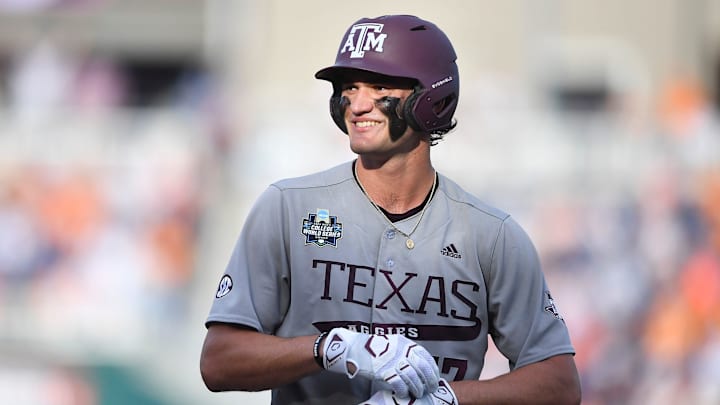 Texas A&M's Jace LaViolette (17) smiles during game three of the NCAA College World Series finals between Tennessee and Texas A&M at Charles Schwab Field in Omaha, Neb., on Monday, June 24, 2024. Texas A&M's Jace LaViolette (17) smiles during game three of the NCAA College World Series finals between Tennessee and Texas A&M at Charles Schwab Field in Omaha, Neb., on Monday, June 24, 2024.