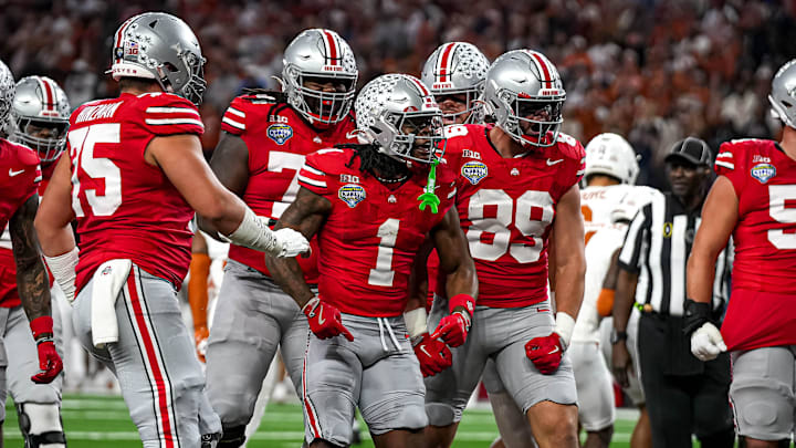 Ohio State running back Quinshon Judkins (1) celebrates a touchdown during the College Football Playoff semifinal game against the Texas Longhorns in the Cotton Bowl at AT&T Stadium on Friday, Jan. 10, 2024 in Arlington, Texas.