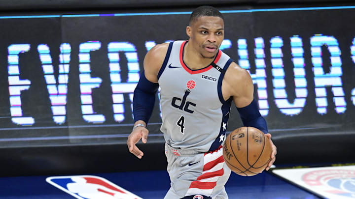 May 31, 2021; Washington, District of Columbia, USA; Washington Wizards guard Russell Westbrook (4) dribbles during game four in the first round of the 2021 NBA Playoffs against the Philadelphia 76ers  at Capital One Arena. Mandatory Credit: Tommy Gilligan-Imagn Images