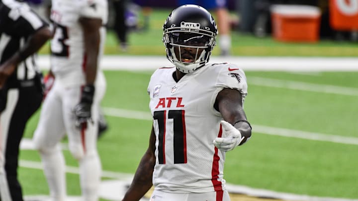 Oct 18, 2020; Minneapolis, Minnesota, USA; Atlanta Falcons wide receiver Julio Jones (11) in action during the game between the Minnesota Vikings and the Atlanta Falcons at U.S. Bank Stadium. Mandatory Credit: Jeffrey Becker-Imagn Images