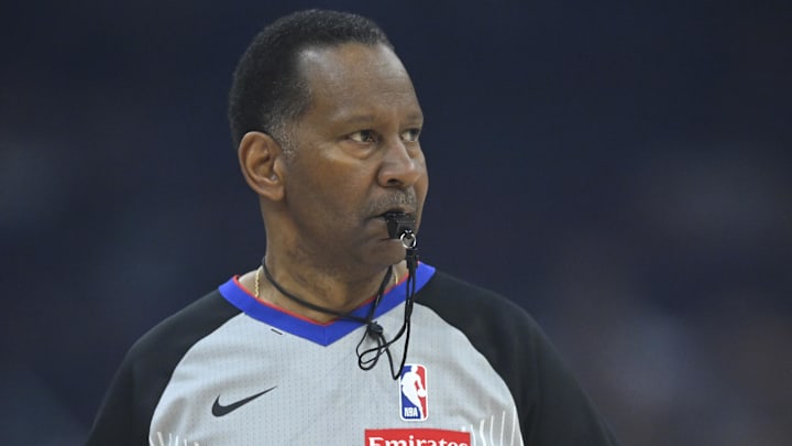 Apr 13, 2025; Cleveland, Ohio, USA; NBA referee James Capers (19) stands on the court in the first quarter of a game between the Cleveland Cavaliers and the Indiana Pacers at Rocket Arena. Apr 13, 2025; Cleveland, Ohio, USA; NBA referee James Capers (19) stands on the court in the first quarter of a game between the Cleveland Cavaliers and the Indiana Pacers at Rocket Arena.
