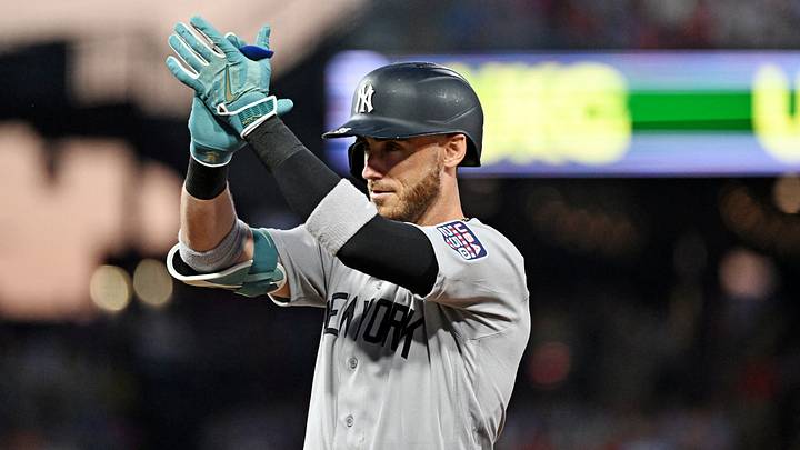 Jul 14, 2026; Philadelphia, Pennsylvania, USA; American League New York Yankees center fielder Cody Bellinger (35) celebrates after a two RBI single during the first inning against the National League at Citizens Bank Park. Mandatory Credit: Eric Hartline-Imagn Images