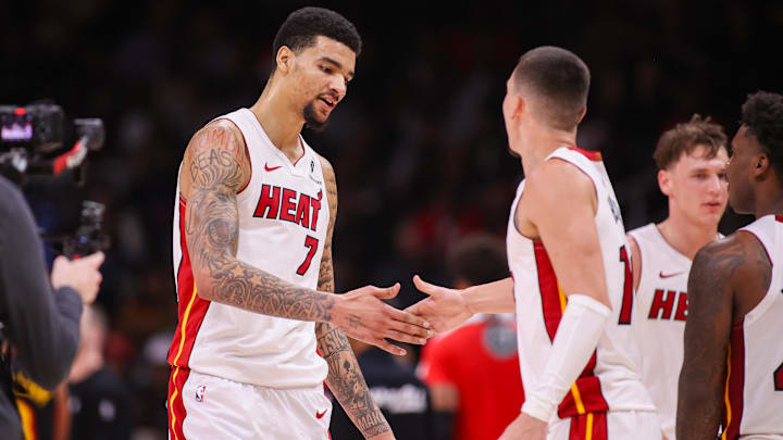 Feb 20, 2026; Atlanta, Georgia, USA; Miami Heat center Kel'el Ware (7) celebrates with guard Tyler Herro (14) after a basket against the Atlanta Hawks in the fourth quarter at State Farm Arena. Mandatory Credit: Brett Davis-Imagn Images
Feb 20, 2026; Atlanta, Georgia, USA; Miami Heat center Kel'el Ware (7) celebrates with guard Tyler Herro (14) after a basket against the Atlanta Hawks in the fourth quarter at State Farm Arena. Mandatory Credit: Brett Davis-Imagn Images