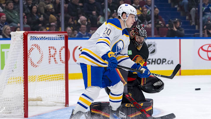 Jan 21, 2025; Vancouver, British Columbia, CAN; Buffalo Sabres forward Jiri Kulich (20) look to redirect a shot on Vancouver Canucks goalie Thatcher Demko (35) in the first period at Rogers Arena. Mandatory Credit: Bob Frid-Imagn Images